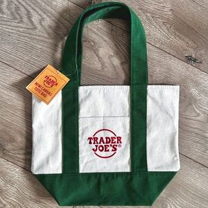 NWT Trader Joe’s Mini Canvas Tote Bag Brand New Dark Green w Red Logo